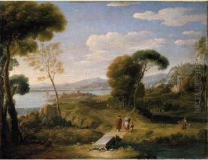 An Extensive Classical Landscape
With Figures On A Road Before A Fortified Lakeside Town, A Temple
Beyond An Extensive Classical Landscape
With Figures On A Road Before A Fortified Lakeside Town, A Temple
Beyond