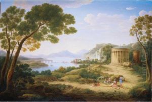 An Extensive Classical Landscape With Figures Seated Before A Tempietto An Extensive Classical Landscape With Figures Seated Before A Tempietto