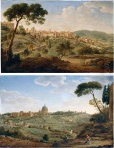 A View Of A Hilltop Town In The Roman Campagna;
A View Of Saint Peter's Basilica And The Vatican by Hendrik Frans van Lint (Studio Lo)