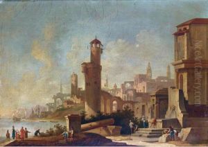 A Coastal Town With Figures 
Collecting Water From A Fountain, Orientals Conversing On The Shore