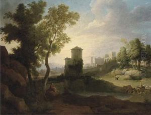 A Classical Landscape With A Drover And Cattle At A Lake, A Walled Town Beyond