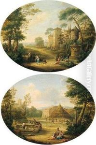 Southern Landscapes With Figures
At A Fountain Near A Farm And Figures Resting Beside A Classical Urn On
A Road Outside A Town Wall by Hendrik Frans van Lint (Studio Lo)