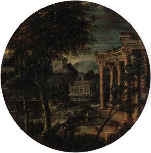Figures Before Classical Ruins
In An Extensive Landscape; And Afigure Before A Portico In A Mountainous
River Landscape by Hendrik Frans van Lint (Studio Lo)