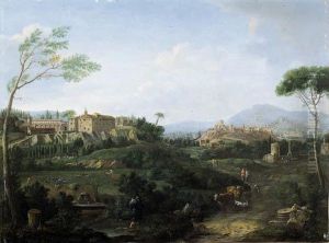 Capriccio Architettonico Con Due
 Borghi Laziali Ed Altri Edificisullo Sfondo, Con Greggi Ed Astanti Vari
