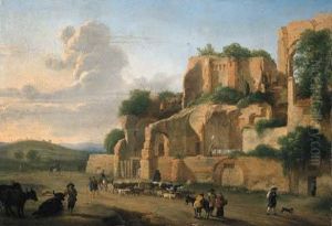The Palatine Hill Seen From The Circus Maximus With Drovers,livestock And Other Figures