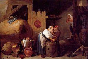 An Interior Scene With A Young Woman Scrubbing Pots While An Old Man Makes Advances