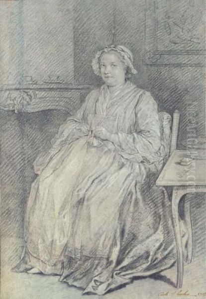 A Woman Knitting, Seated In A Domestic Interior - view 1