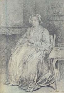 A Woman Knitting, Seated In A Domestic Interior by Carle van Loo