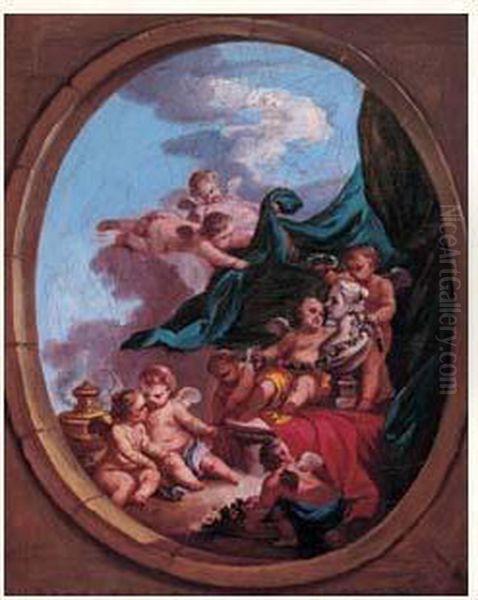 Amours Couronnant Le Buste De Flore Dans Un OEil-de-boeuf En Trompe-l'oeil - view 1