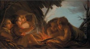 An Allegory Of Winter: Putti Gathered Around An Open Fire by Carle van Loo