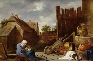 A cat tended by an old woman