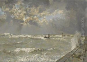 A Lugger In Choppy Waters, Scheveningen Harbour by Johann Hendrik Van Mastenbroek
