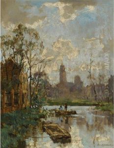A View Of A Dutch Canal With A Bell Tower In The Background