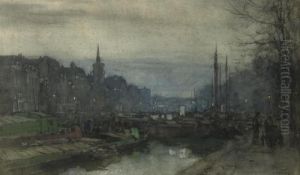 A Canal In Rotterdam At Dusk by Johann Hendrik Van Mastenbroek