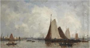 Bateaux Sur La Meuse Devant Rotterdam (shipping On The Maas,rotterdam) by Johann Hendrik Van Mastenbroek