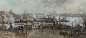 La Meuse Devant Rotterdam: A Busy Day At The Leuvehaven,rotterdam by Johann Hendrik Van Mastenbroek