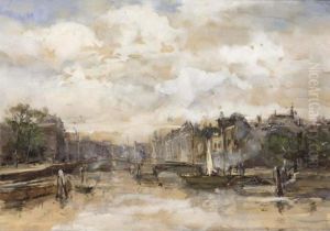 A Canal In A Dutch Town by Johann Hendrik Van Mastenbroek