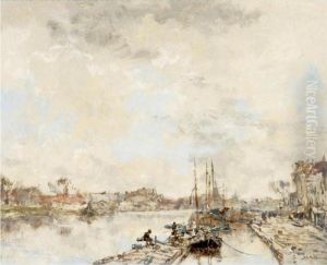 Barges On The River by Johann Hendrik Van Mastenbroek