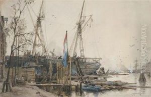 A Busy Dutch Harbor by Johann Hendrik Van Mastenbroek