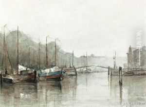Moored Boats In Rotterdam by Johann Hendrik Van Mastenbroek