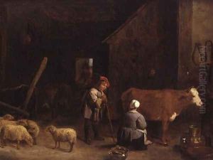 A Shepherd Boy talking to a milkmaid in a cowshed