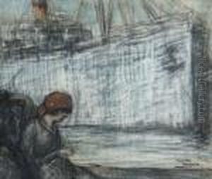 Jonge Zakkennaaister, Gezeten Op De Kade, Met Aangemeerde Stoomboot