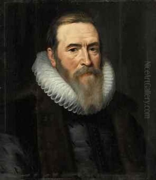 Portrait Of Johan Van
Oldenbarnevelt (1547-1619), Bust-length, In Afur-lined Coat And White
Ruff by Michiel Jansz. Van Miereveldt