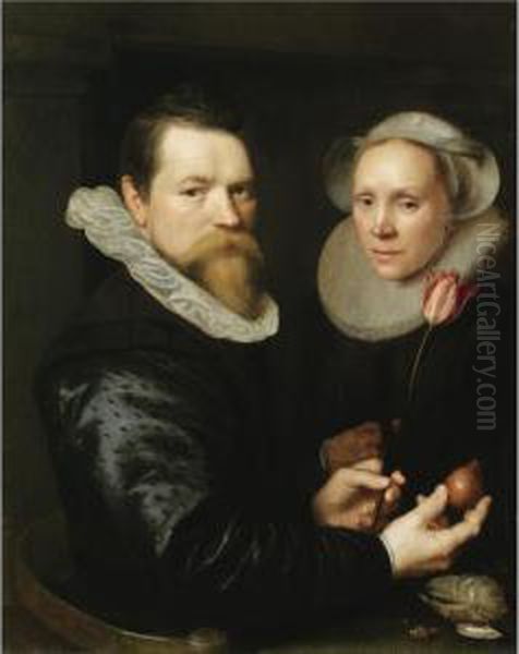 A Double Portrait Of A Husband 
And Wife, Both Half-length, He Holding A Tulip And A Bulb, A Selection 
Of Shells On The Shelf Below - view 1