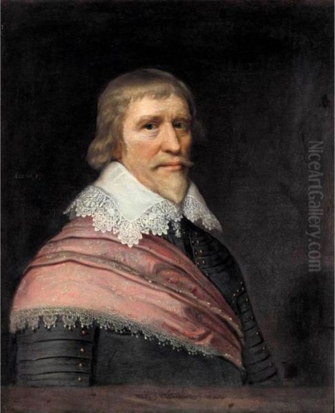 Portrait Of Edward Cecil,
Viscount Wimbledon Aged 59, Half Length, Wearing Armour, A White Lace
Ruff, And A Red Sash - view 1