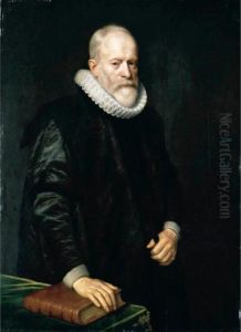 Portrait Of A Gentleman, 
Three-quarter Length, Wearing Black With A White Ruff And Standing 
Beside A Table With His Hand On A Book by Michiel Jansz. Van Miereveldt