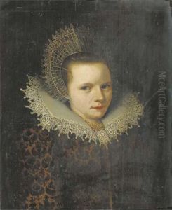 Portrait Of A Lady, Bust Length,
In A Brown Velvet Dress With Afloral Pattern And A White Lace Collar, A
Gold Necklace, And Awhite Lace Cap Fastened By A Pearl Pin by Michiel Jansz. Van Miereveldt