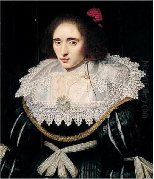Portrait Of A Lady, Said To Be 
Elizabeth, Queen Of Bohemia, Half Length, Wearing A Black Dress With An 
Elaborate Lace Ruff, And A Red Flower In Her Hair - view 1
