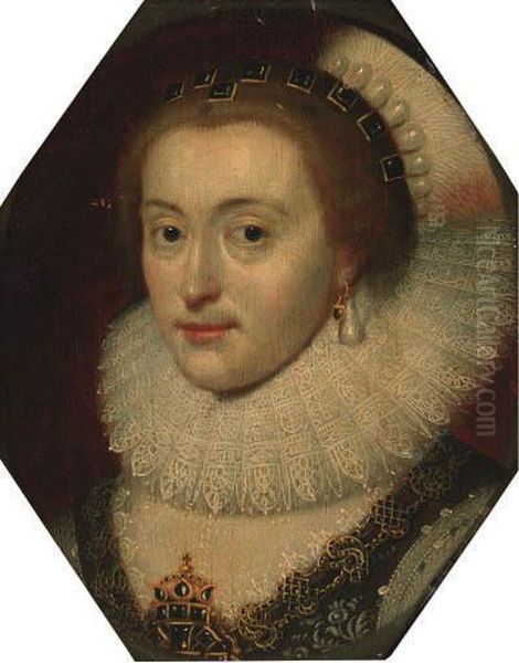 Portrait Of A Lady, Head And
Shoulders, In A Black Embroidereddress With A Ruff And A Jewelled
Headdress - view 1