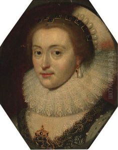 Portrait Of A Lady, Head And 
Shoulders, In A Black Embroidereddress With A Ruff And A Jewelled 
Headdress by Michiel Jansz. Van Miereveldt