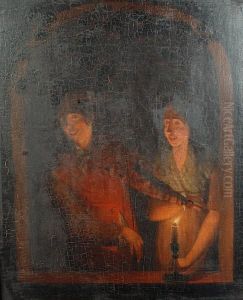 A Man Playing The Violin Beside A Young Womanstanding At A Stone Window By Candlelight by Willem Van Mieris Leiden