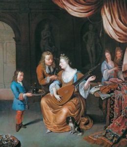 Uno Spasimante Offre Un Rinfresco A Un""""elegante Fanciulla Con Cagnolino by Willem Van Mieris Leiden