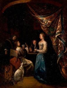 Interior With Figures Beside Drapedtable