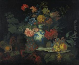 Still Life With Grapes, Peaches And A Bouquet Of Flowers In A Jar, All On A Draped Ledge