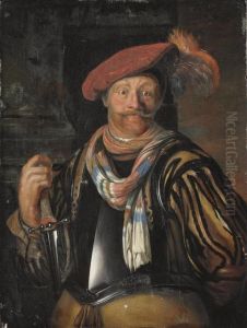 Portrait Of A Gentleman,
Half-length, In Armour And A Red Plumed Cap, A Sword In His Right Hand by Willem Van Mieris Leiden