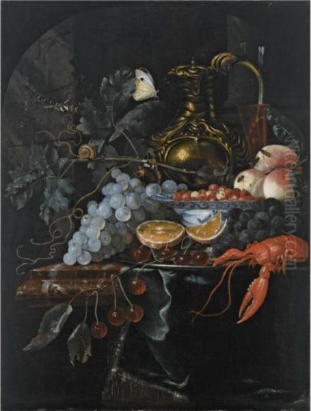 A Still Life With Grapes,
Strawberries In A Porcelain Bowl, Peaches, A Silver-gilt Jug, A Wine
Glass, Oranges, Cherries And A Lobster, On A Silver Plate, All On A
Marble Ledge Draped With A Green Cloth, Together With Two Butterflies, A
Snail And A - view 1