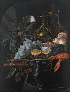 A Still Life With Grapes,
Strawberries In A Porcelain Bowl, Peaches, A Silver-gilt Jug, A Wine
Glass, Oranges, Cherries And A Lobster, On A Silver Plate, All On A
Marble Ledge Draped With A Green Cloth, Together With Two Butterflies, A
Snail And A by Willem Van Mieris Leiden