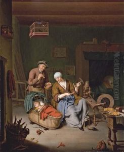 A Woman Spinning Yarn With A Baby In A Wicker Basket And An Old Man Smoking A Pipe by Willem Van Mieris Leiden