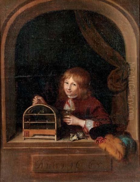 A Boy In A Feigned Niche Holding A Cage With A Song Bird - view 1