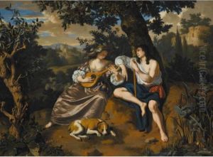 Arcadian Landscape With A
Shepherd Holding A Flute Listening To A
Shepherdess Playing A Stringed Instrument A Dog
Lying At Their Feet by Willem Van Mieris Leiden