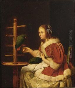 A Woman Playing The Mandoline; A Woman In A Red Jacket; Feeding A Parrot by Willem Van Mieris Leiden