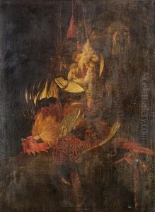 Dead Game With A Grouse And
Songbirds Hanging In A Niche, A Pheasant And A Cockerel Lying On A Table
Below, Surrounded By Hunting Paraphernalia by Willem Van Mieris Leiden