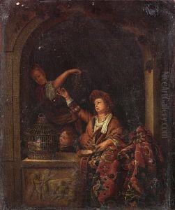 A Youth Blowing Bubbles At A
Draped Ledge, With A Woman Holding Grapes, And A Child Looking At A
Caged Bird A Youth Blowing Bubbles At A
Draped Ledge, With A Woman Holding Grapes, And A Child Looking At A
Caged Bird