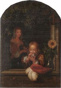 After Willem Van Mieris, 19th Century A Young Boy At A Window Blowing Bubbles by Willem Van Mieris Leiden