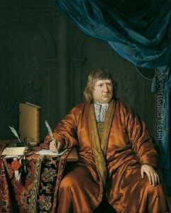 Bildnis Des Jakob Baron Van
Wassenaar Van Duivenvoorde (1646-1707) Im Hausrock In Seinem
Arbeitszimmer. Auf Dem Tisch Neben Ihm Einige Schriftstucke Und Bucher.
Auf Den Bucherrucken Ist Zu Lesen: "biblia" Bzw. "coustume Van
Rijnlanden", Auf Der Ur by Willem Van Mieris Leiden