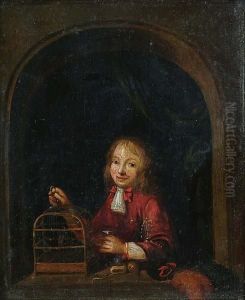 A Young Boy With Bird Cage At A Niche